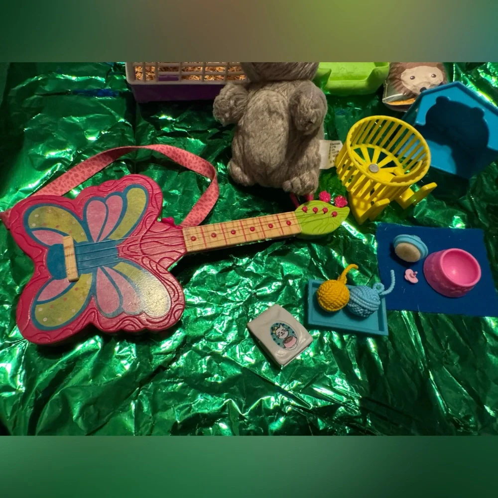 American Girl doll butterfly guitar, woodchuck, small animal cage & accessories